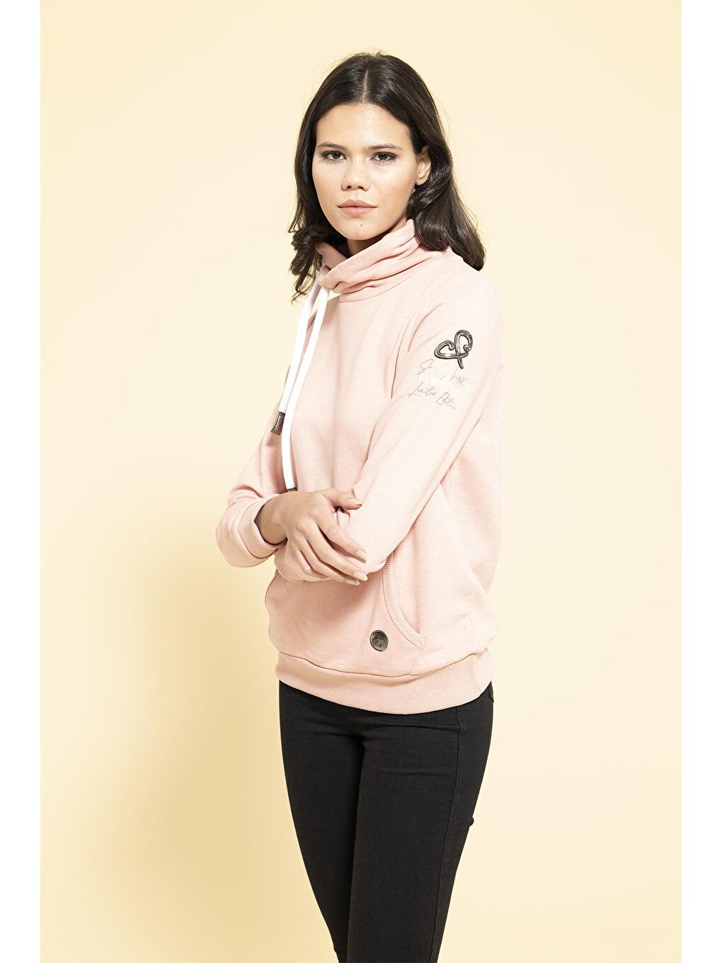 For You Moda Yaka Kordon Detaylı Kanguru Cep Pembe Sweatshirt - 2