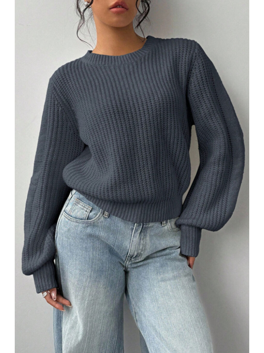 Gri Kadın Füme Oversize Bisiklet Yaka Balon Kol Fitilli Triko Kazak