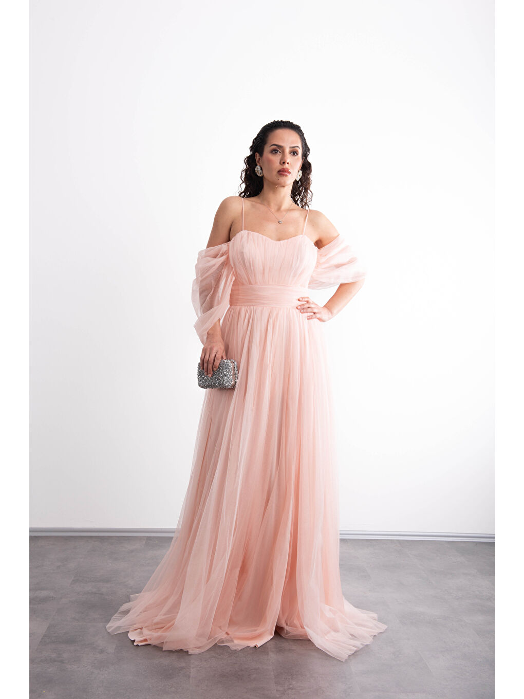 Pembe Spagetti Askılı,Romantik ,Önü Yırtmaçlı,Tüllü, Prenses Model Abiye-7