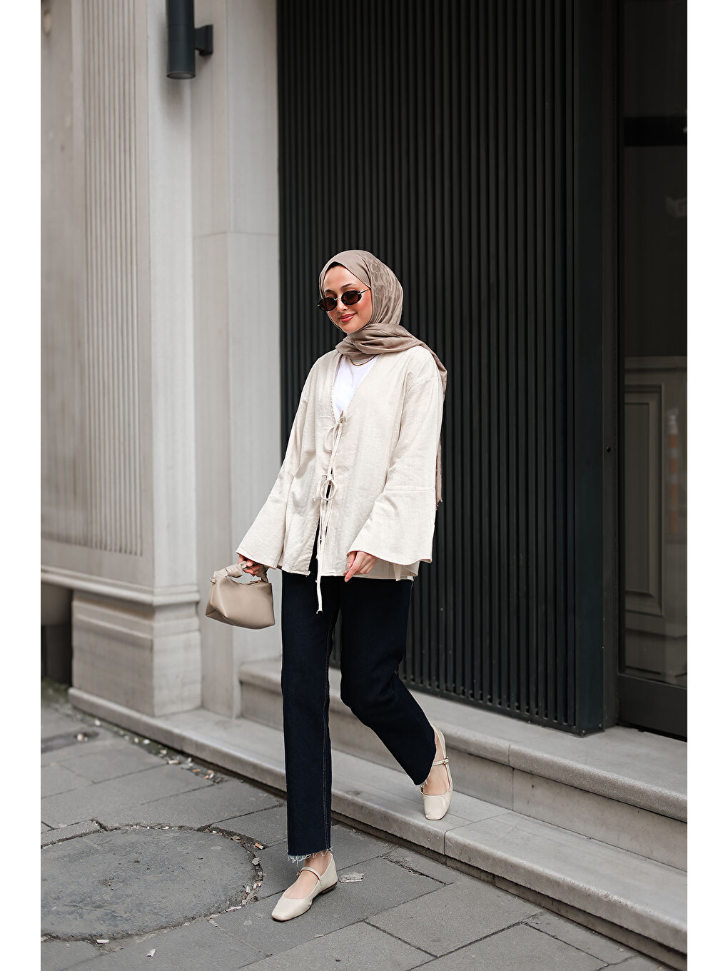 Ekru Kadın Bağlamalı Keten Gömlek Krem-4