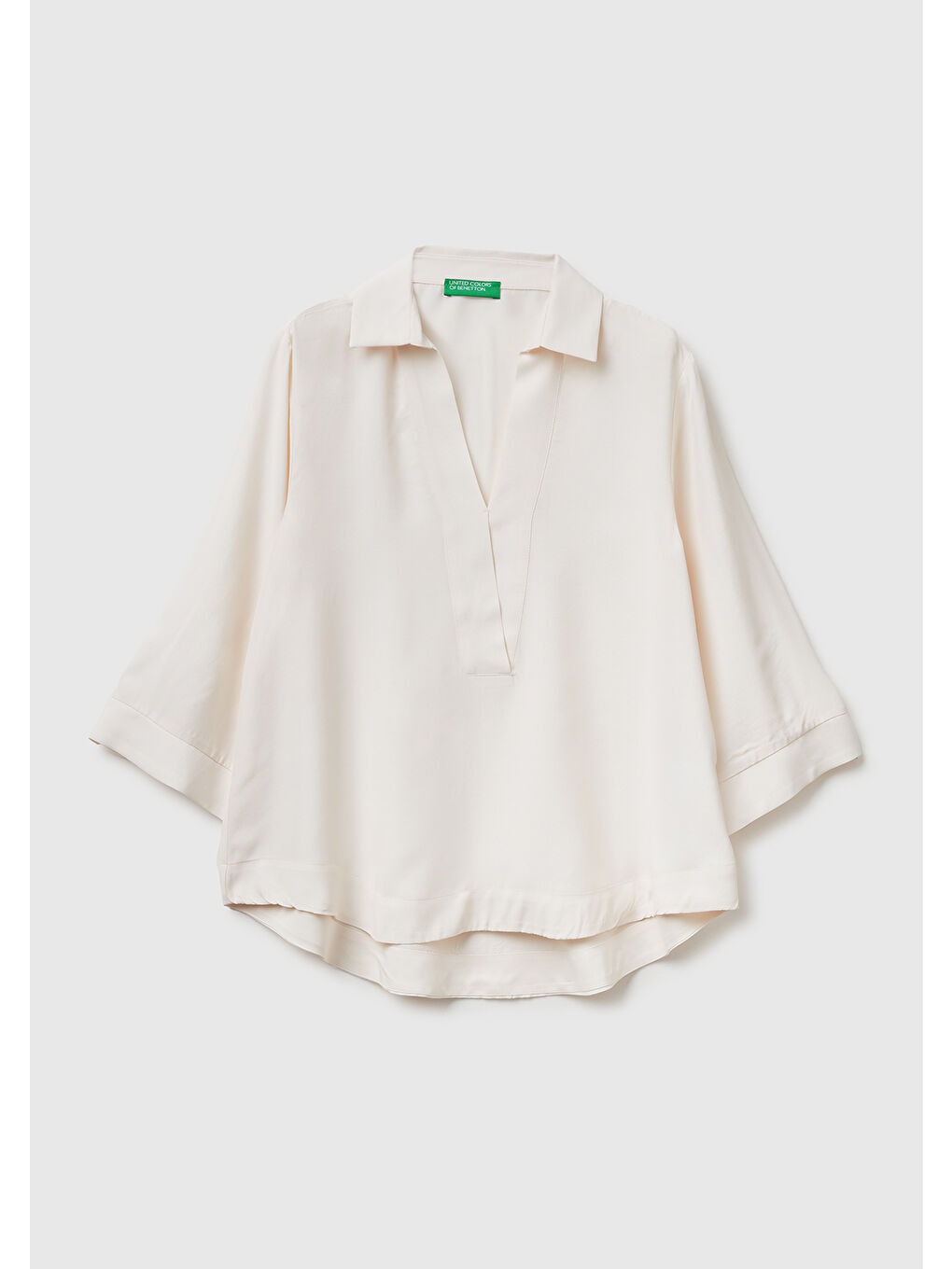 Ekru Kadın Krem %100 Viskoz Yarım Kol Gömlek Yaka Bluz-1