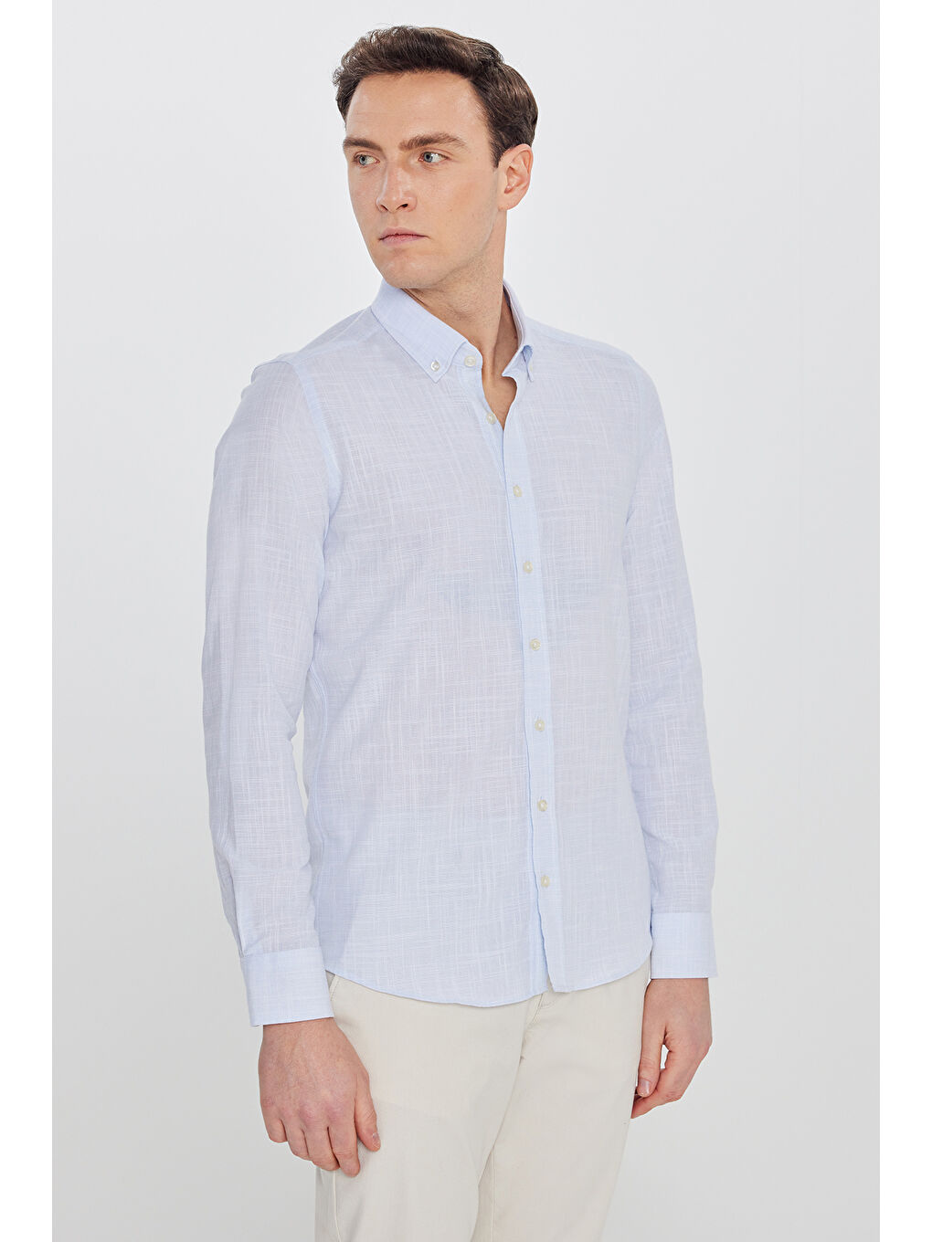 Erkek Mavi Slim Fit Dar Kesim Düğmeli Yaka Armürlü Gömlek-2