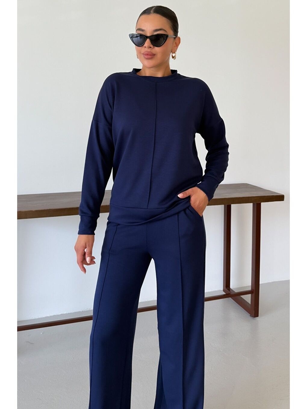 Kadın Lacivert Düz Biye Detay Bisiklet Yaka Modal Kumaş Alt-Üst Eşofman Takımı-5