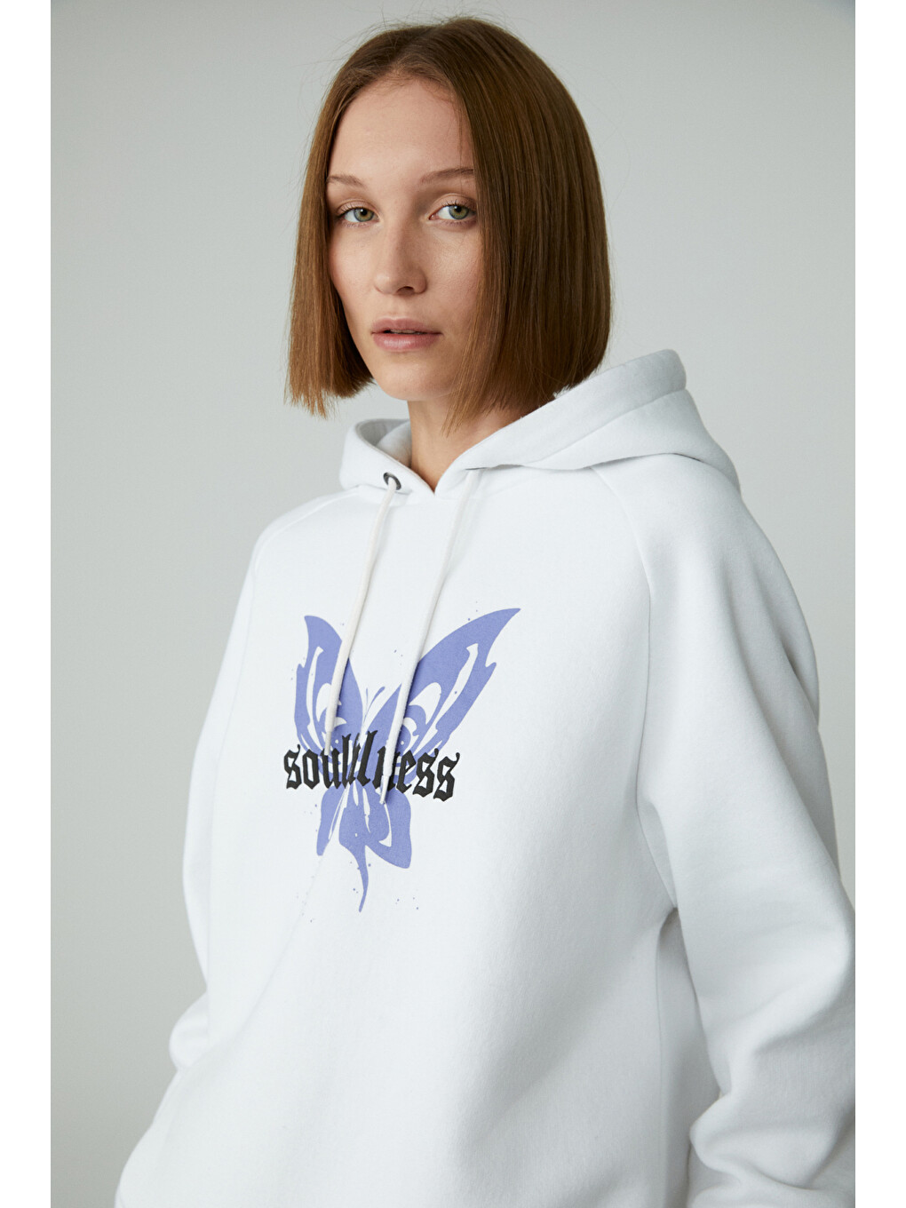 Lamarı Kadın Oversıze Şardonlu Kapüşonlu Beyaz Sweatshirt-4