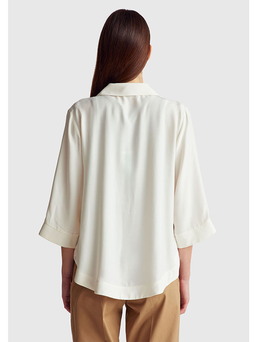 Ekru Kadın Krem %100 Viskoz Yarım Kol Gömlek Yaka Bluz-2