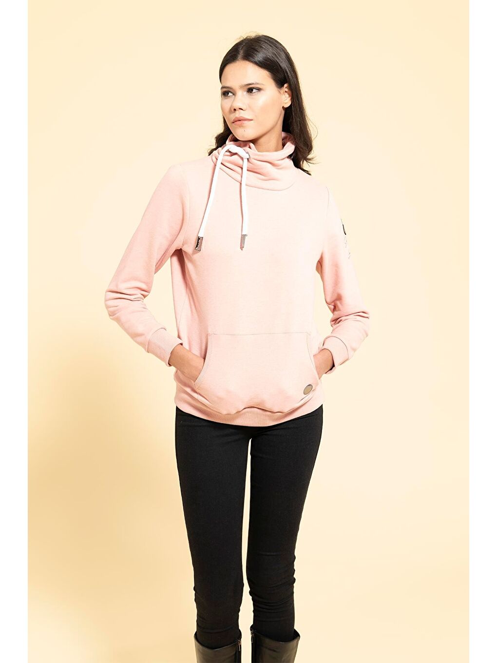 For You Moda Yaka Kordon Detaylı Kanguru Cep Pembe Sweatshirt - 4