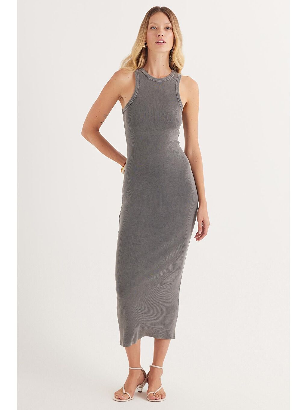 Kadın Slim Fit Dar Kesim Pamuklu Halter Yaka Gri Elbise-3