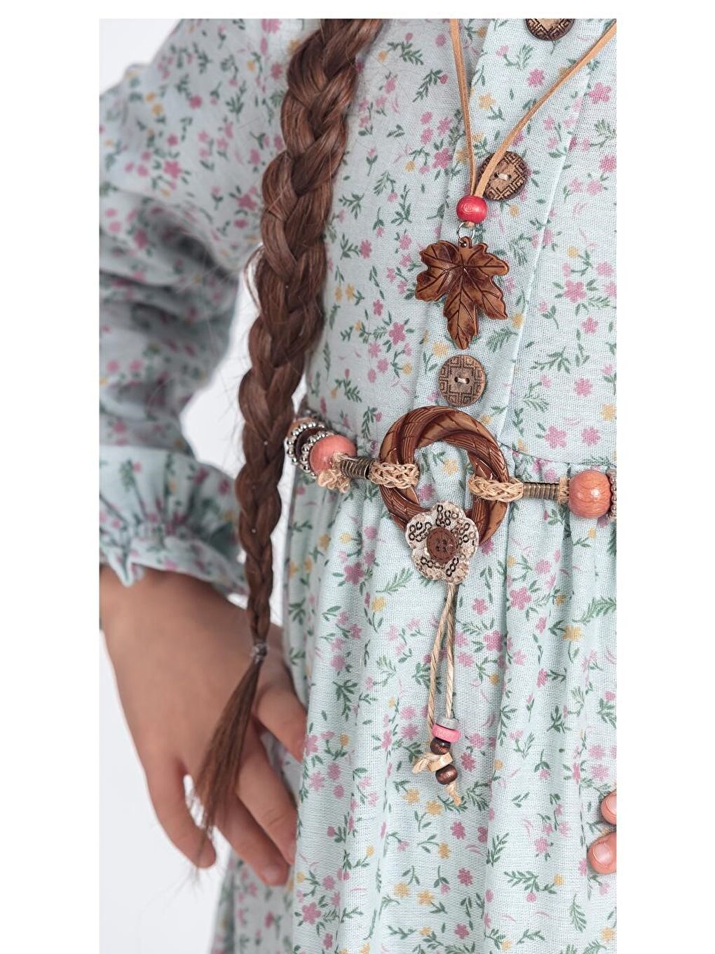 Yeşil Müslin Kumaş Kız Çocuk Uzun Kollu Elbise M00705-4