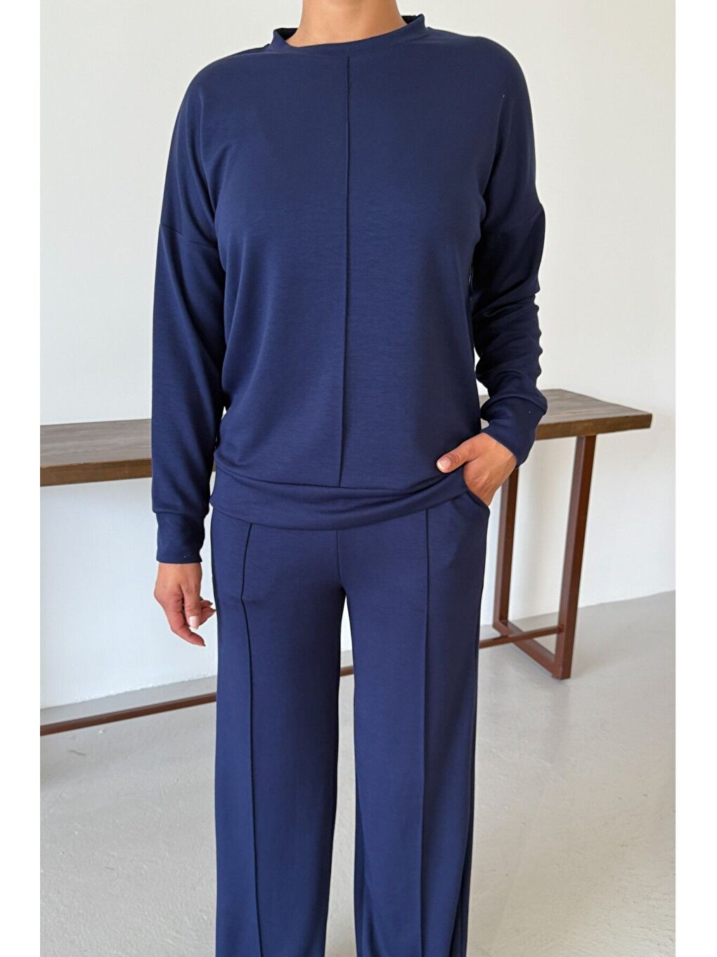 Kadın Lacivert Düz Biye Detay Bisiklet Yaka Modal Kumaş Alt-Üst Eşofman Takımı-6