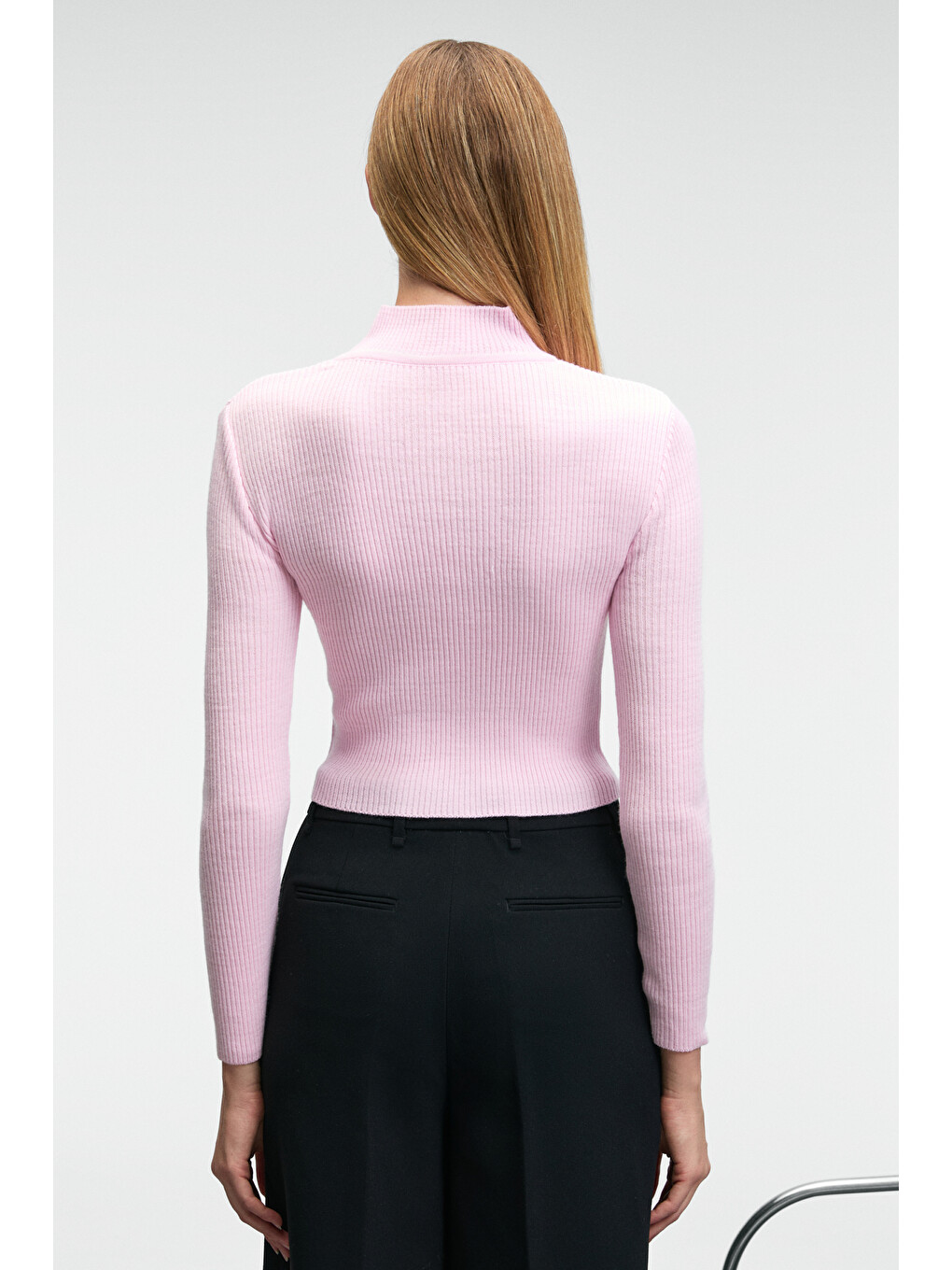 Calıda Kadın Dik Yaka Fitilli Görünümlü Slim Fit Triko Pembe Kazak-5