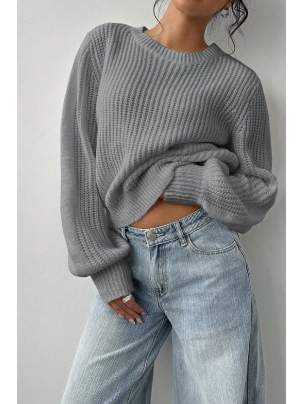 Kadın Gri Oversize Bisiklet Yaka Balon Kol Fitilli Triko Kazak-1