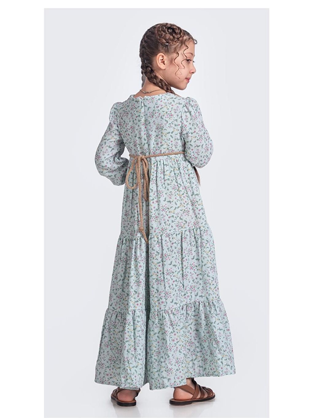 Yeşil Müslin Kumaş Kız Çocuk Uzun Kollu Elbise M00705-5