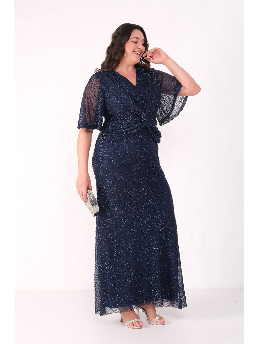 Kadın Lacivert V Yaka Kısa Kol Boncuk İşlemeli Büyük Beden Abiye Elbise-1