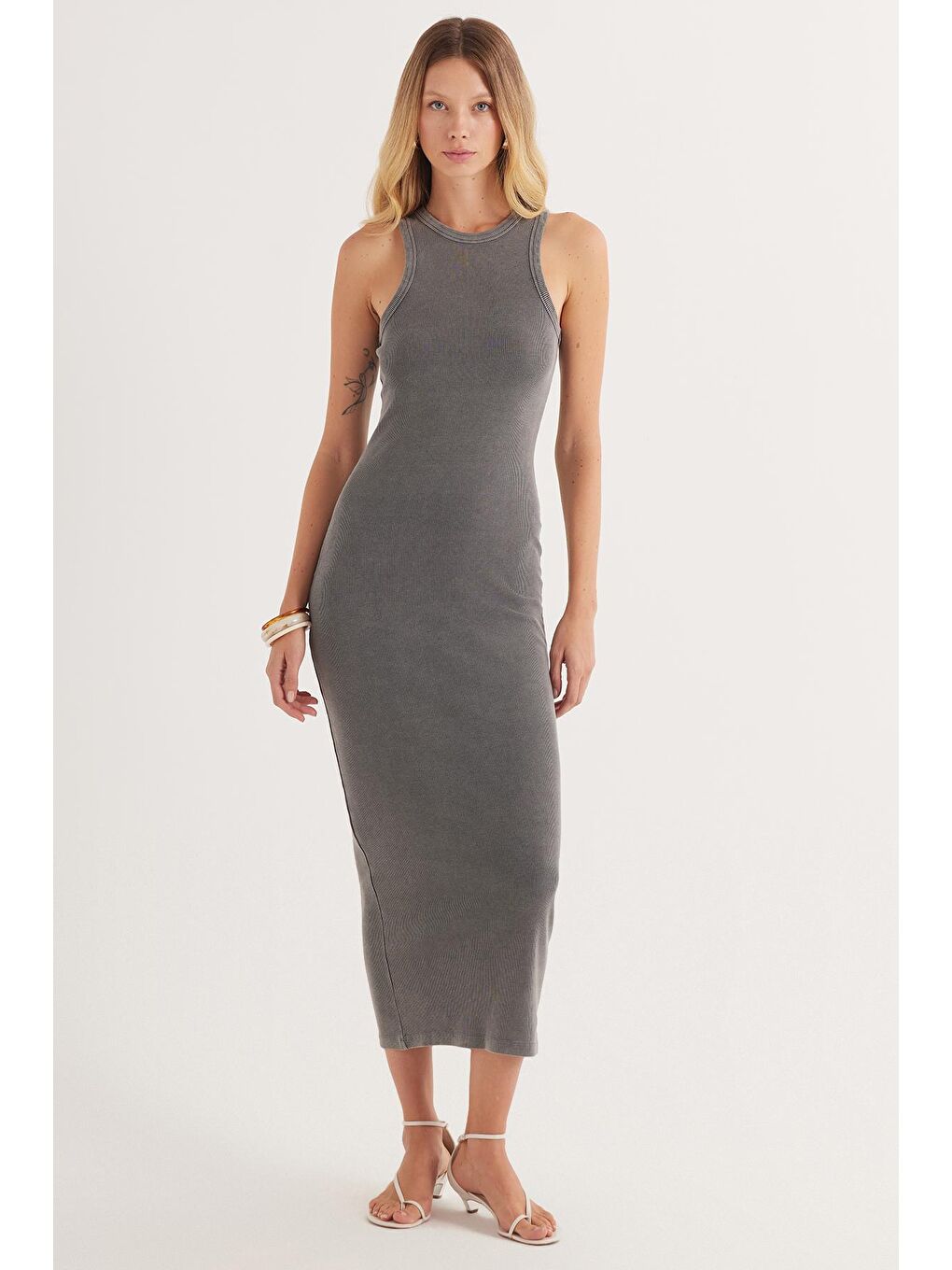 Kadın Slim Fit Dar Kesim Pamuklu Halter Yaka Gri Elbise-4