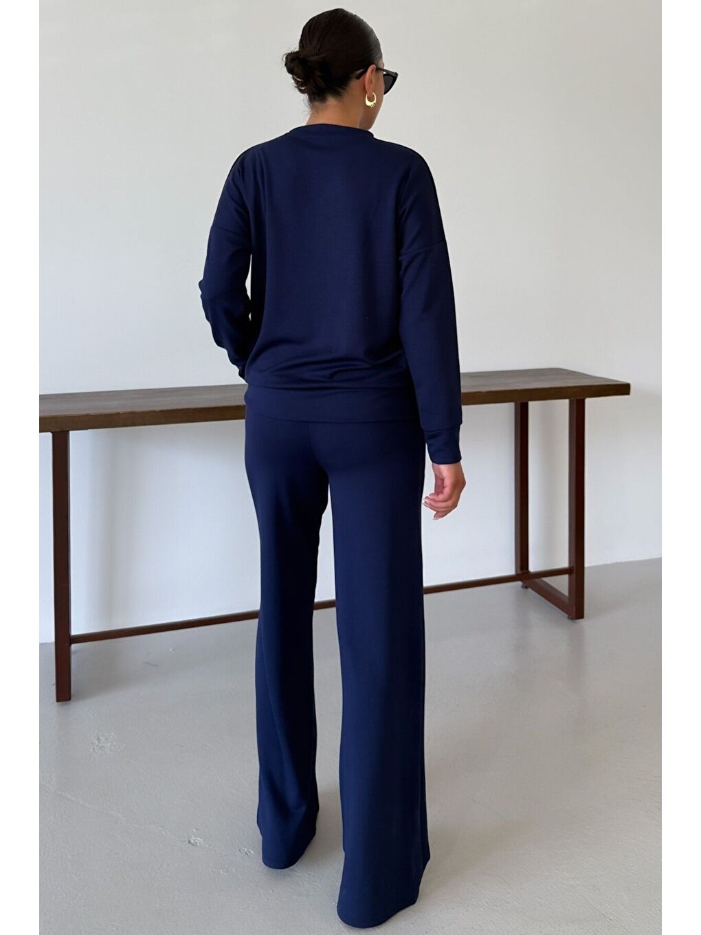 Kadın Lacivert Düz Biye Detay Bisiklet Yaka Modal Kumaş Alt-Üst Eşofman Takımı-7