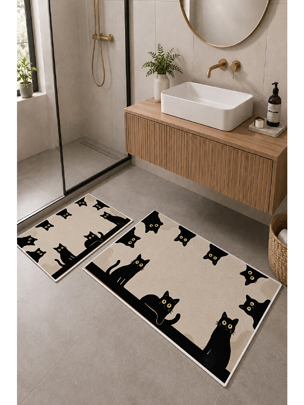 Bej Siyah Kedi Desenli Kaymaz Taban Banyo Paspası 2’li Set-1