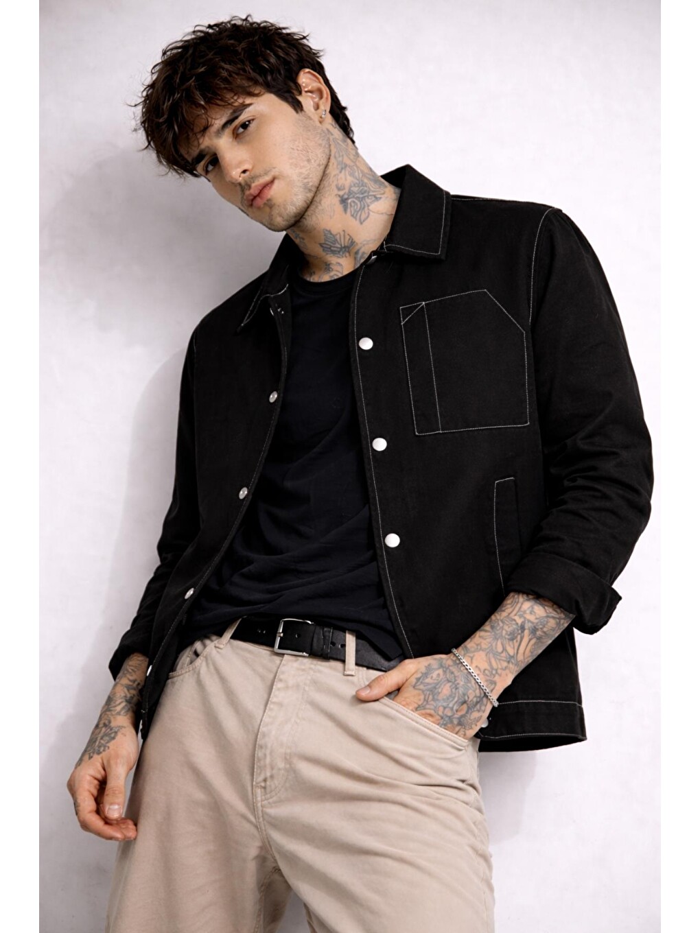 Siyah Erkek Dikiş Detaylı Oversize Gabardin Mevsimlik Ceket & Mont-3