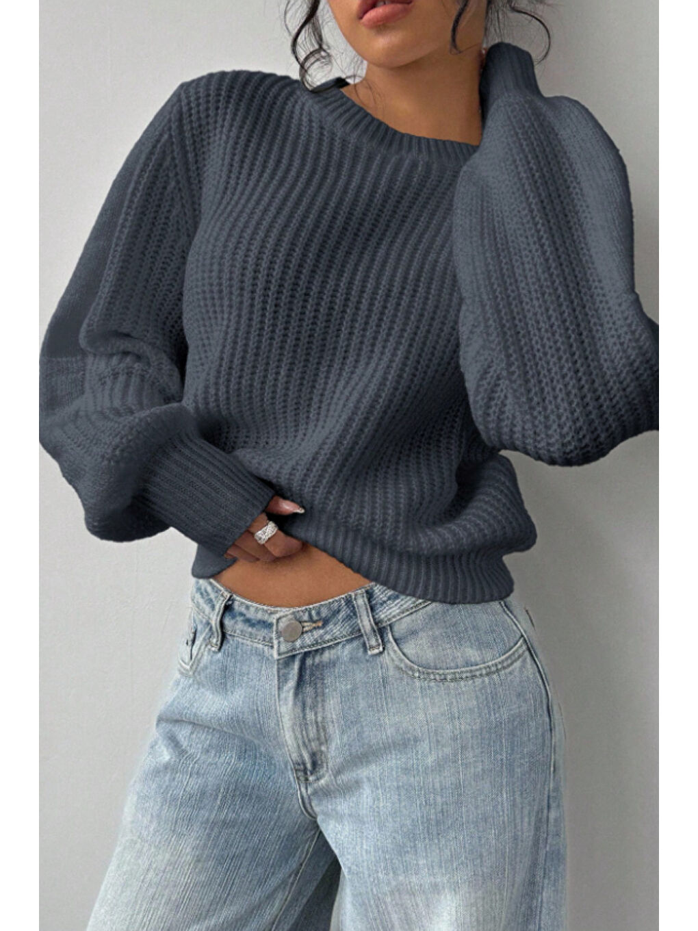 Gri Kadın Füme Oversize Bisiklet Yaka Balon Kol Fitilli Triko Kazak-1