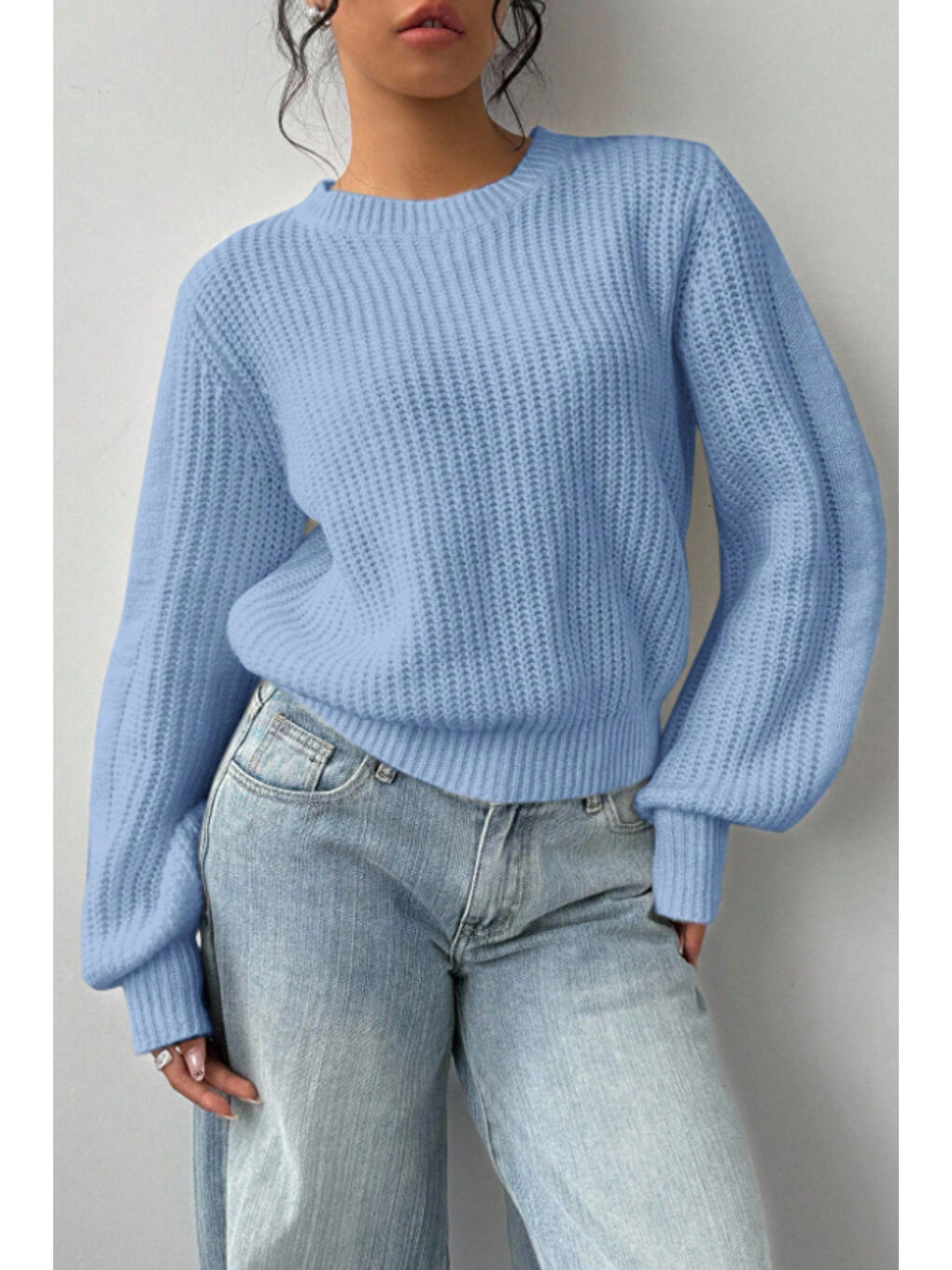 Kadın Mavi Oversize Bisiklet Yaka Balon Kol Fitilli Triko Kazak