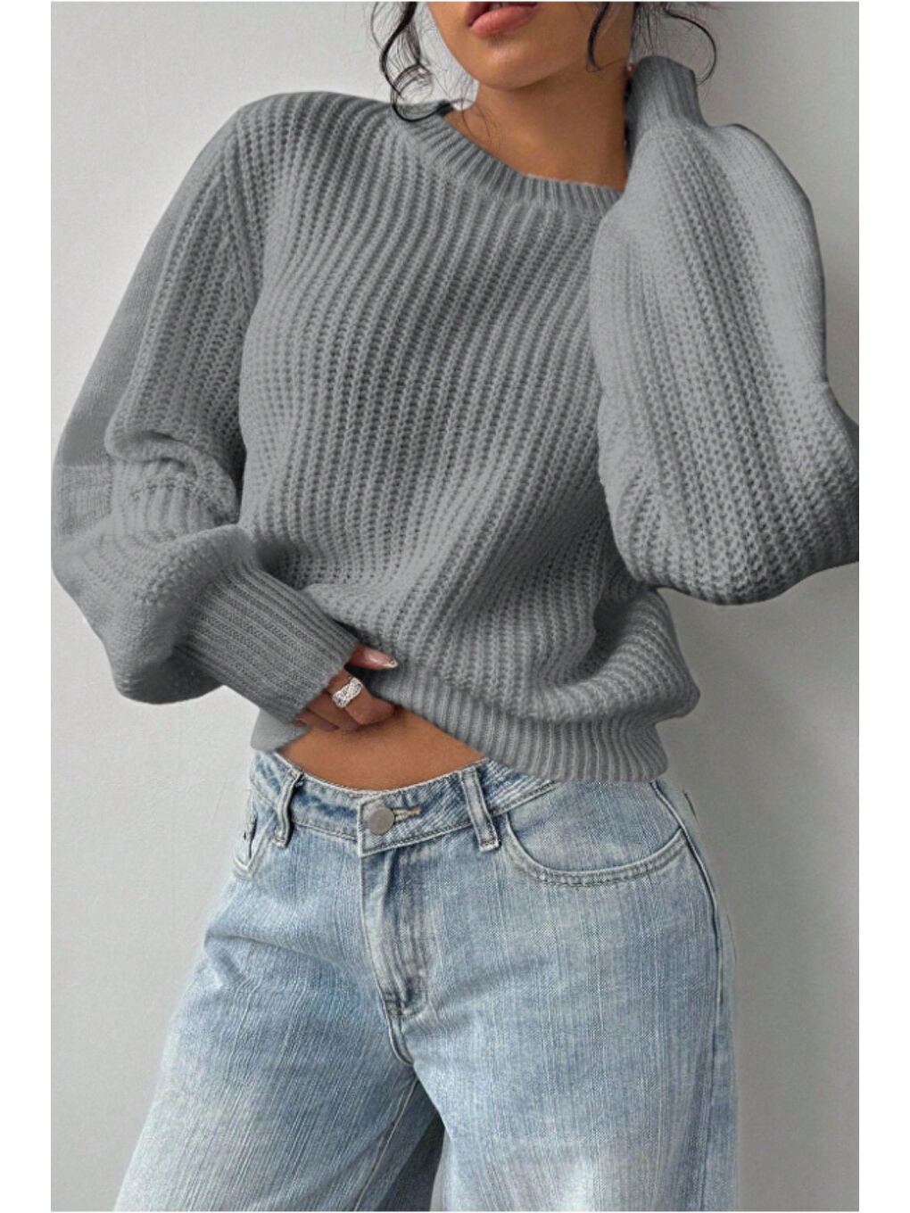 Kadın Gri Oversize Bisiklet Yaka Balon Kol Fitilli Triko Kazak-2