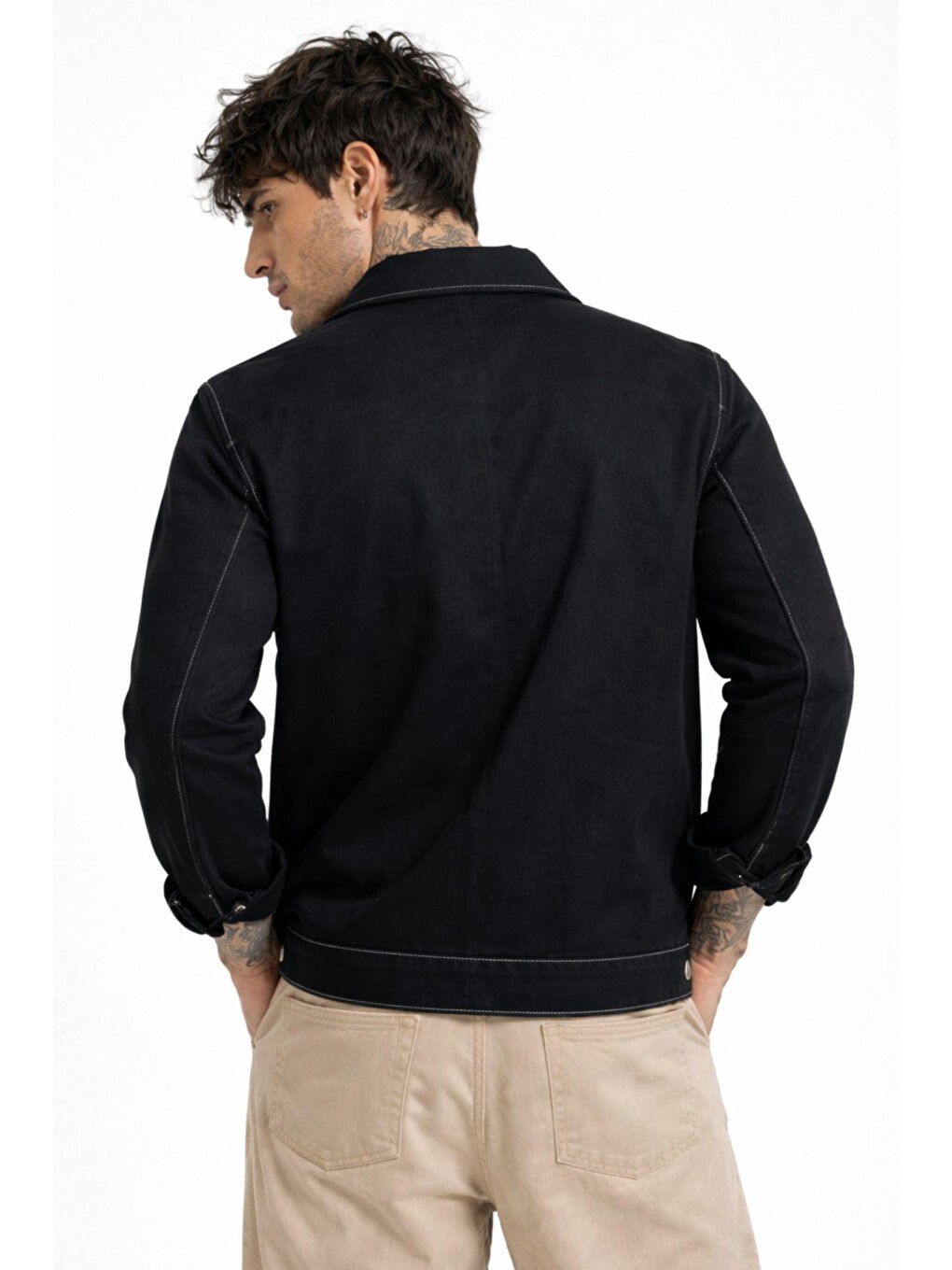 Siyah Erkek Dikiş Detaylı Oversize Gabardin Mevsimlik Ceket & Mont-4