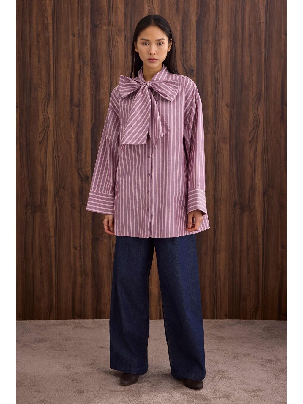 Fiyonk Detaylı Gömlek Bordo Çizgi-2