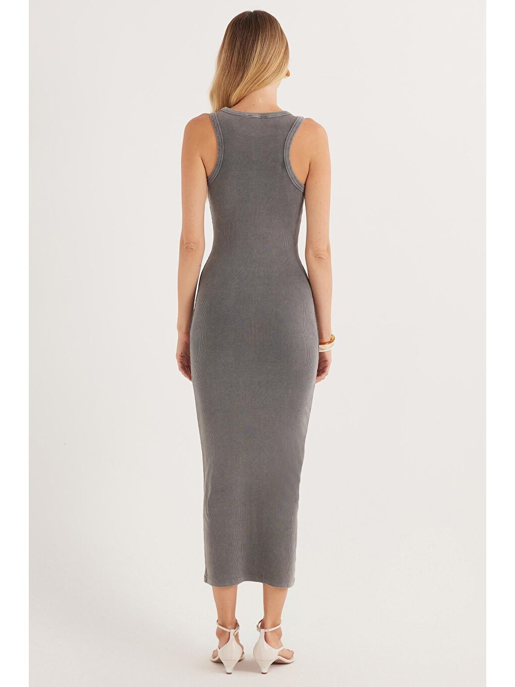Kadın Slim Fit Dar Kesim Pamuklu Halter Yaka Gri Elbise-6