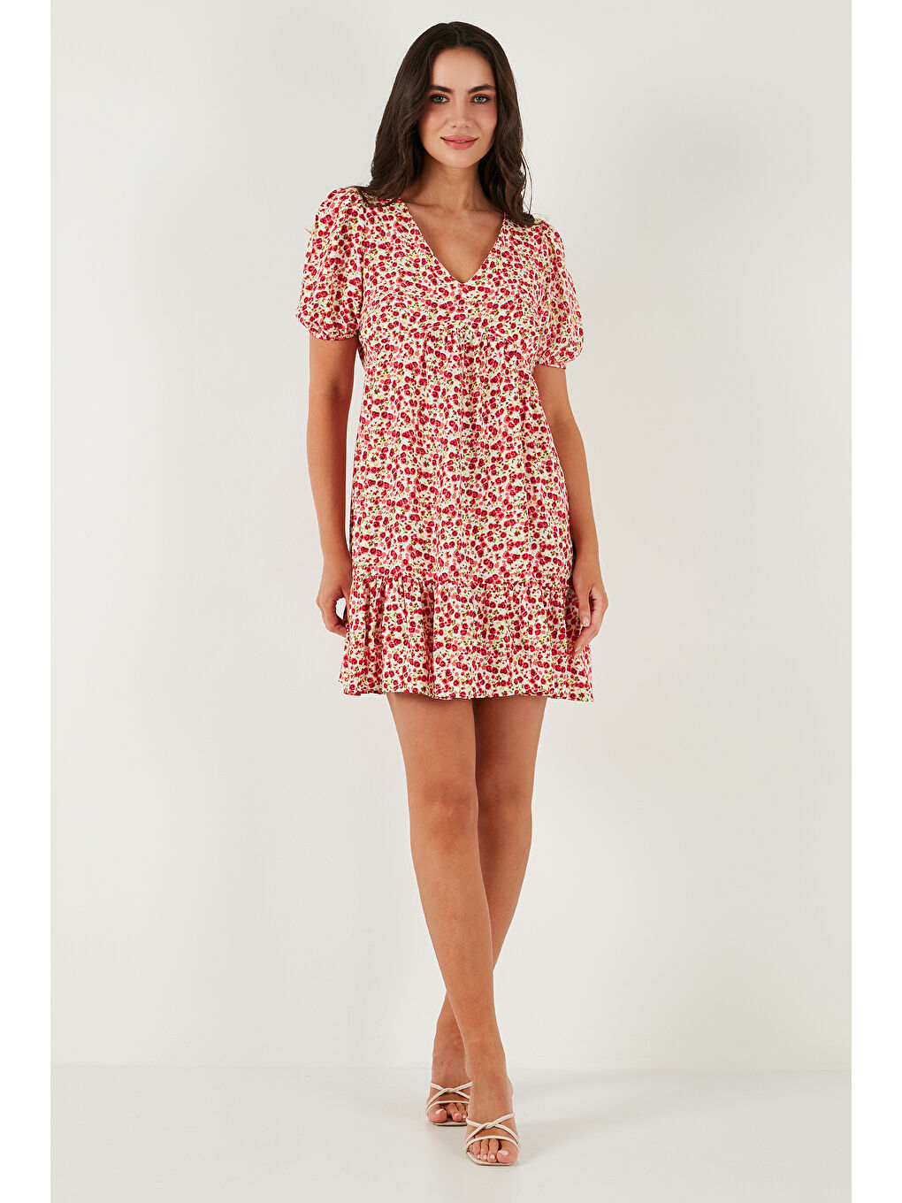 Pembe Regular Fit V Yaka Balon Kol Desenli Mini Kadın Elbise 67810045-4