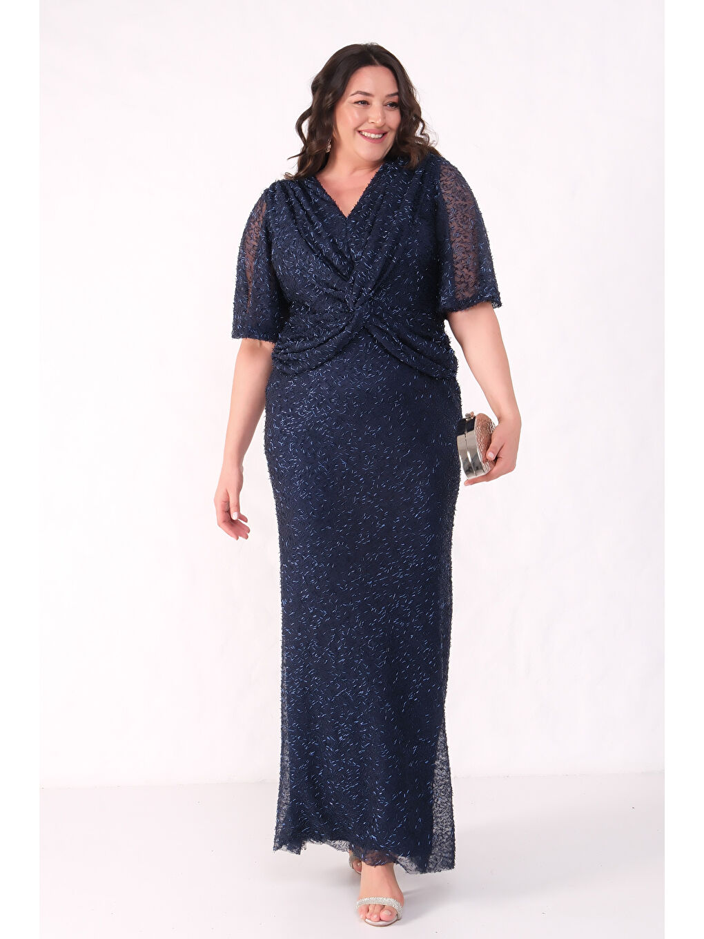 Kadın Lacivert V Yaka Kısa Kol Boncuk İşlemeli Büyük Beden Abiye Elbise-3