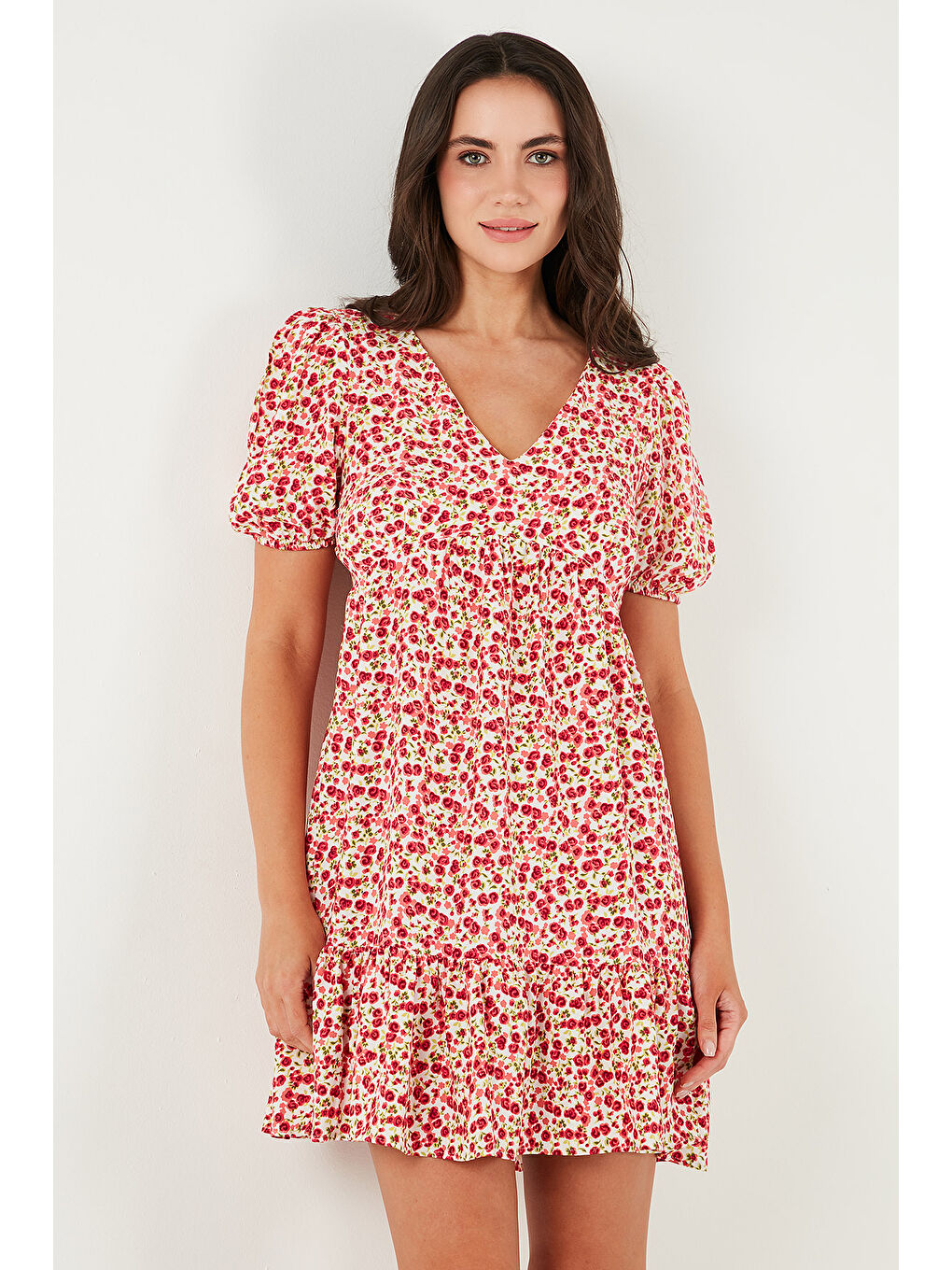 Pembe Regular Fit V Yaka Balon Kol Desenli Mini Kadın Elbise 67810045-5