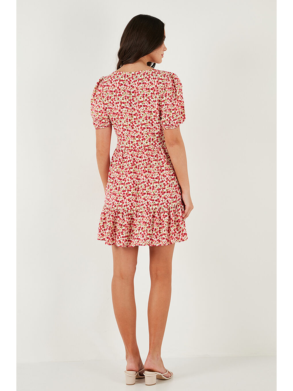 Pembe Regular Fit V Yaka Balon Kol Desenli Mini Kadın Elbise 67810045-6