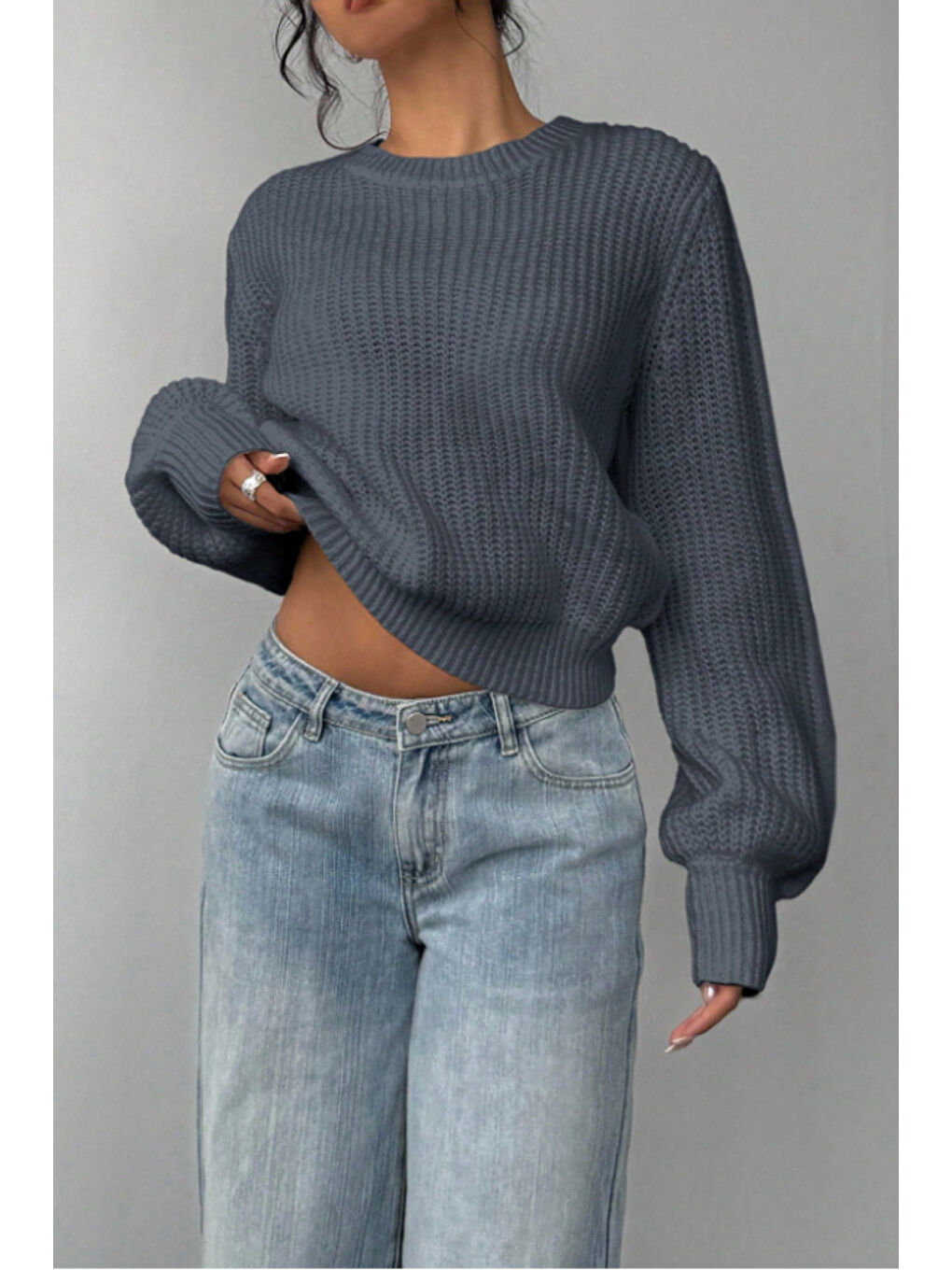 Gri Kadın Füme Oversize Bisiklet Yaka Balon Kol Fitilli Triko Kazak-2