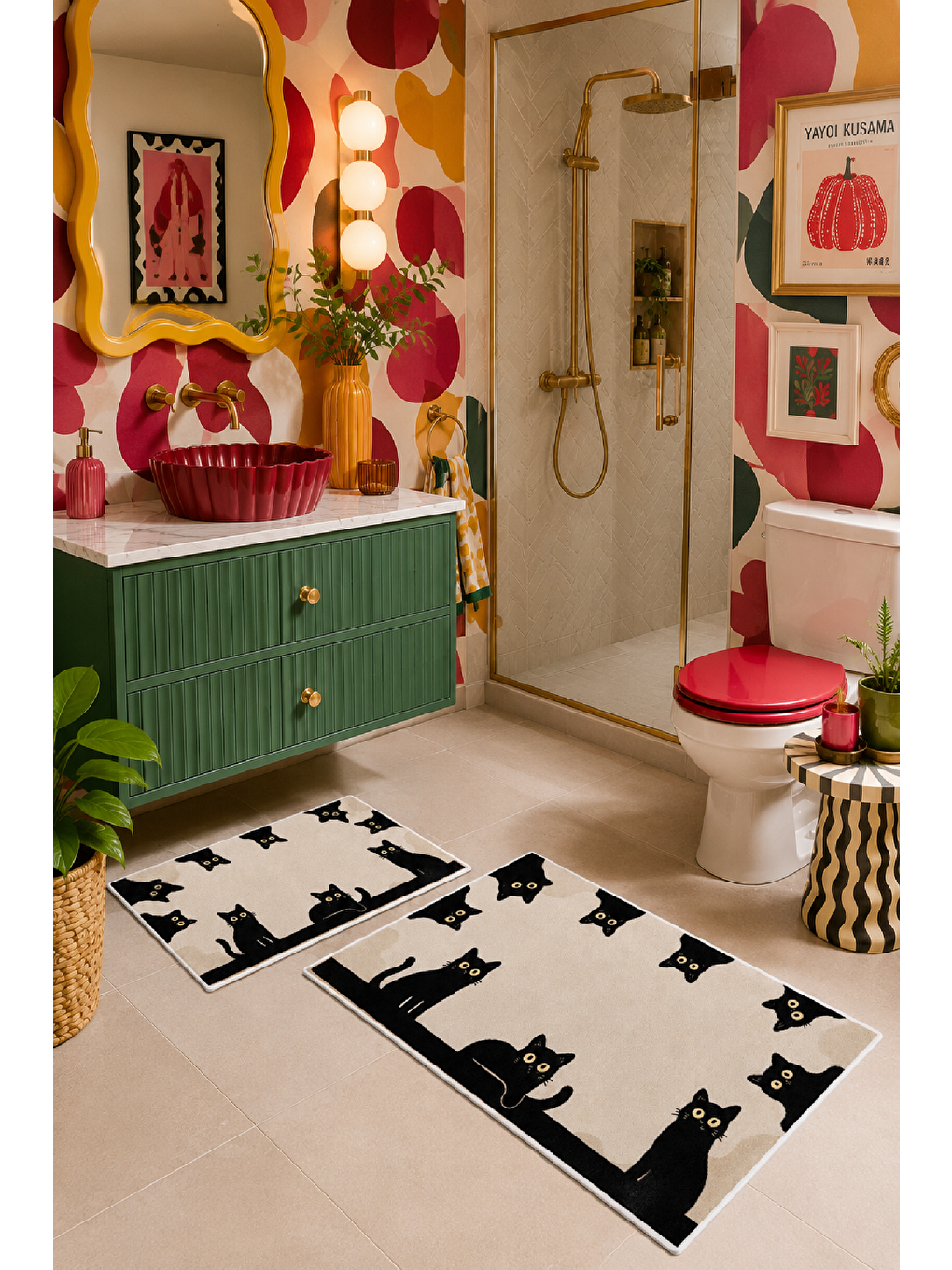 Bej Siyah Kedi Desenli Kaymaz Taban Banyo Paspası 2’li Set-2