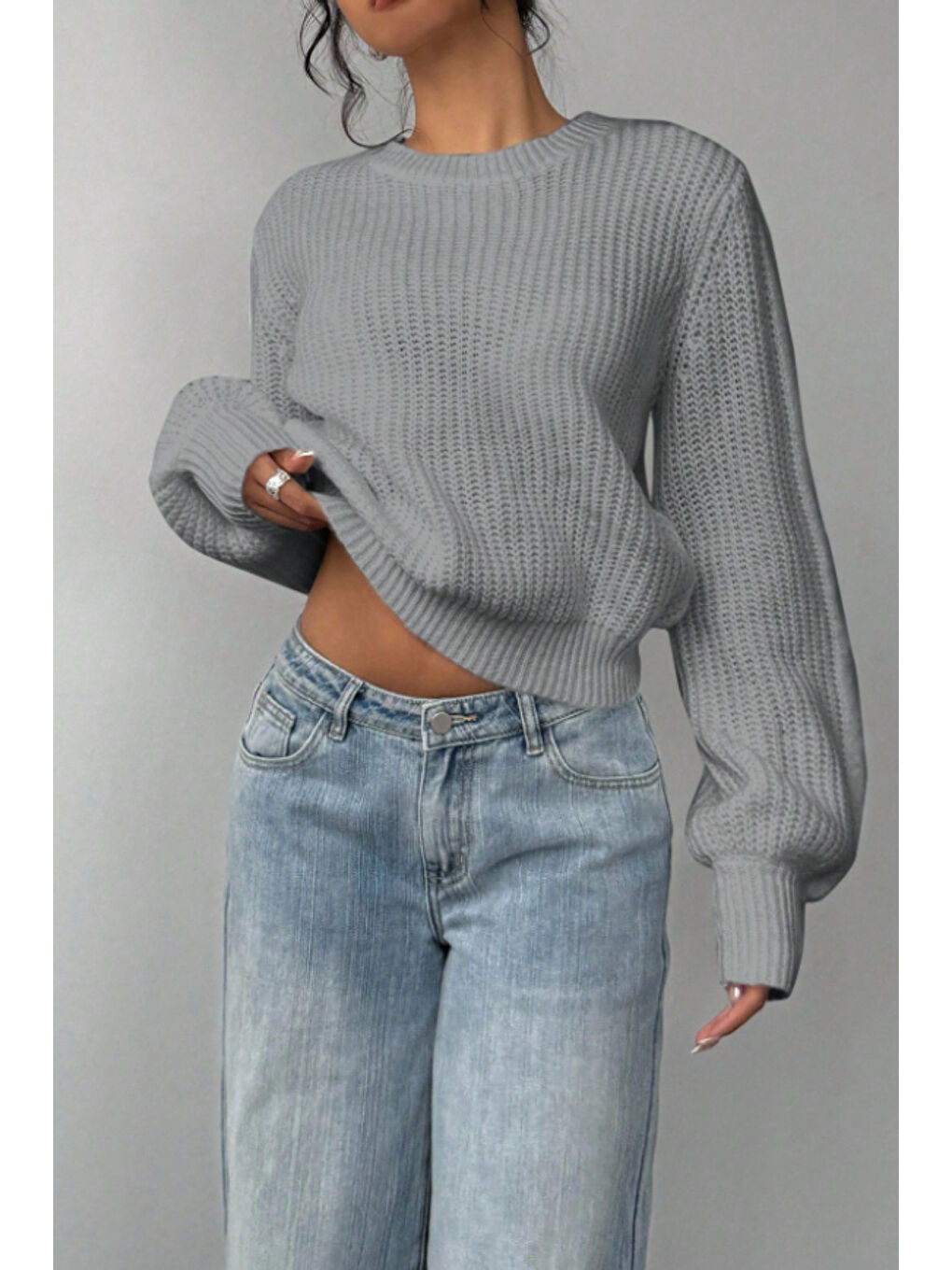 Kadın Gri Oversize Bisiklet Yaka Balon Kol Fitilli Triko Kazak-3