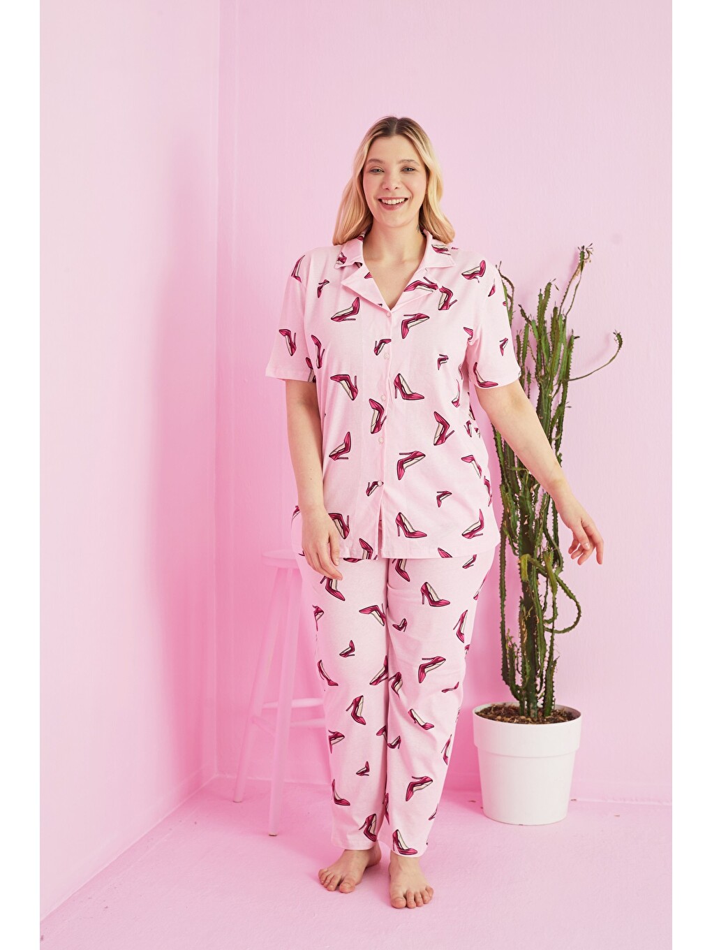 Karışık Örme Curve Büyük Beden Battal Boy Düğmeli Pijama Takımı-1