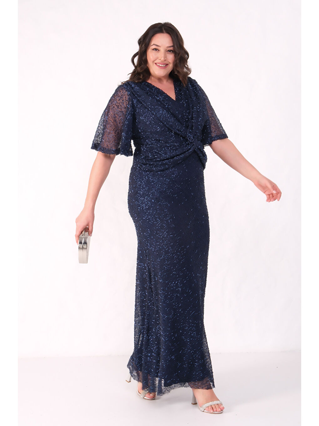 Kadın Lacivert V Yaka Kısa Kol Boncuk İşlemeli Büyük Beden Abiye Elbise-4