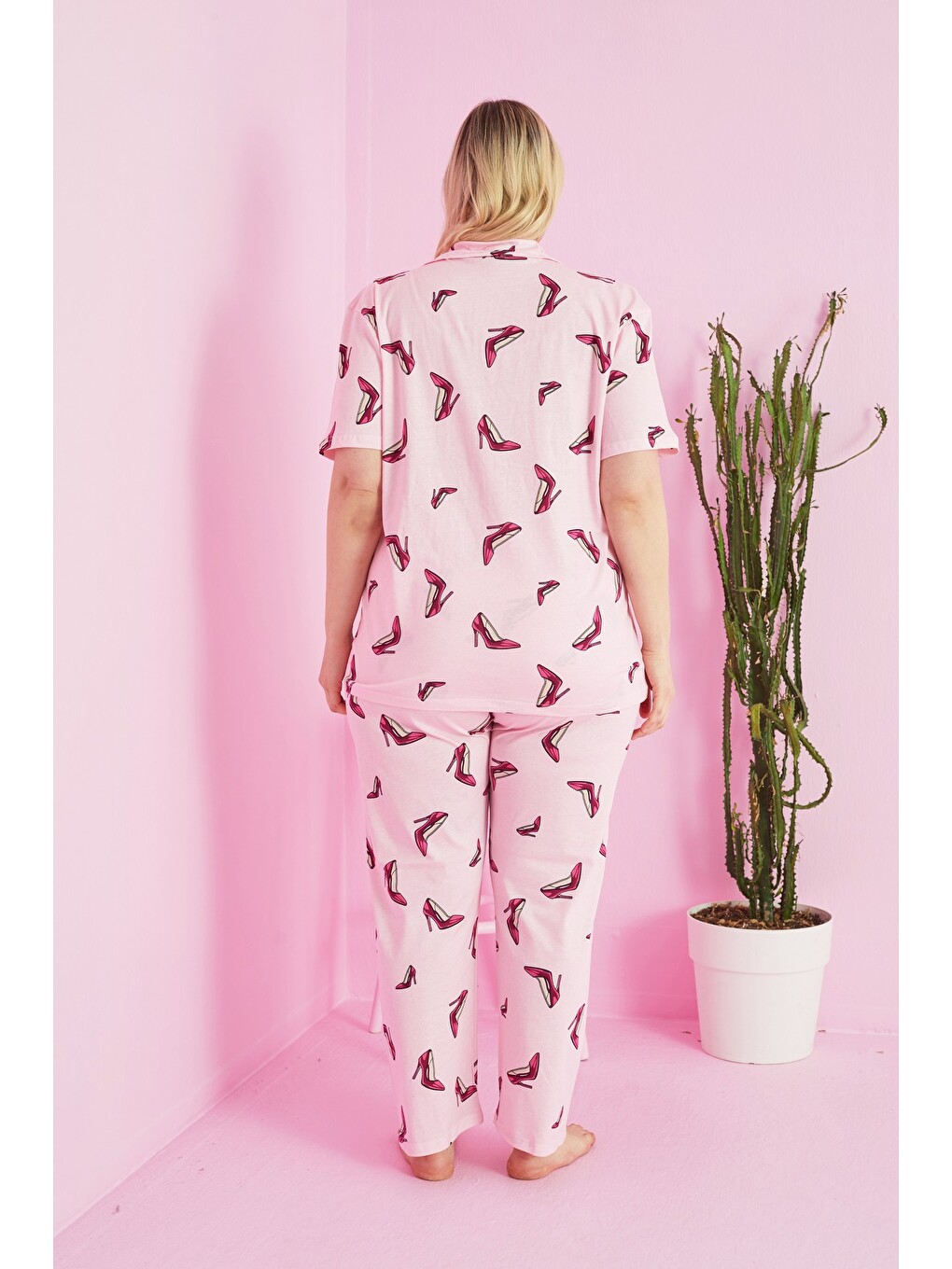 Karışık Örme Curve Büyük Beden Battal Boy Düğmeli Pijama Takımı-2