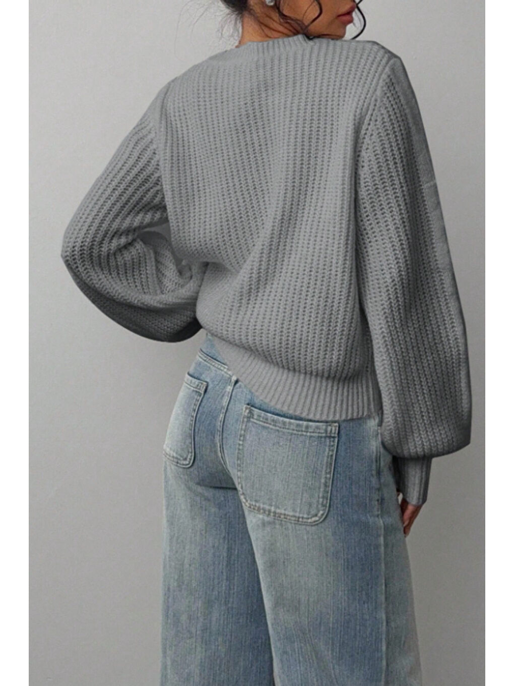 Kadın Gri Oversize Bisiklet Yaka Balon Kol Fitilli Triko Kazak-4