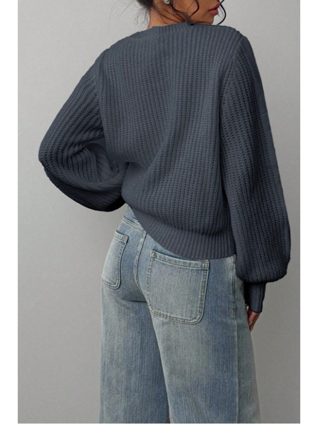 Gri Kadın Füme Oversize Bisiklet Yaka Balon Kol Fitilli Triko Kazak-3