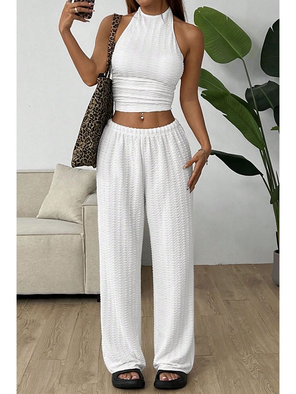Beyaz Örme Kolsuz Sırtı Açık Bel Dar Bluz Pantolon Takım-2