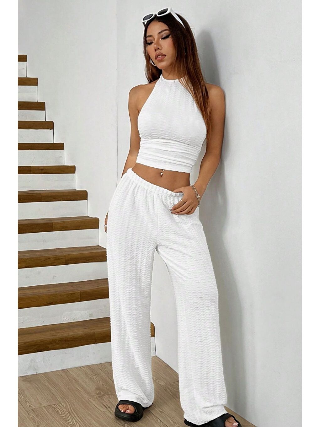 Beyaz Örme Kolsuz Sırtı Açık Bel Dar Bluz Pantolon Takım-3