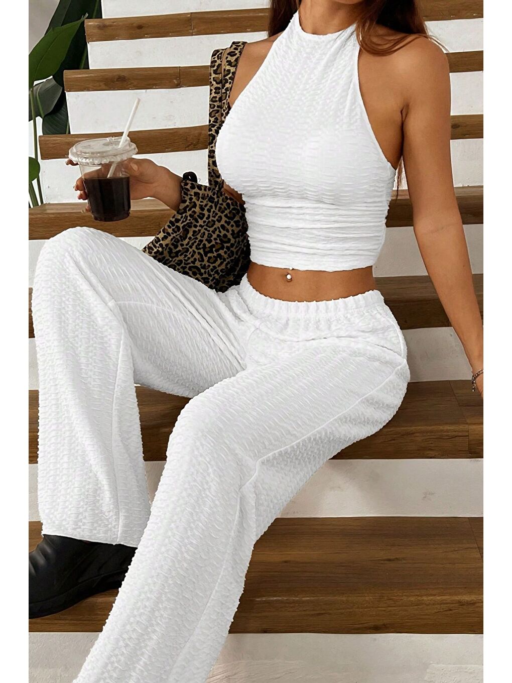 Beyaz Örme Kolsuz Sırtı Açık Bel Dar Bluz Pantolon Takım-5