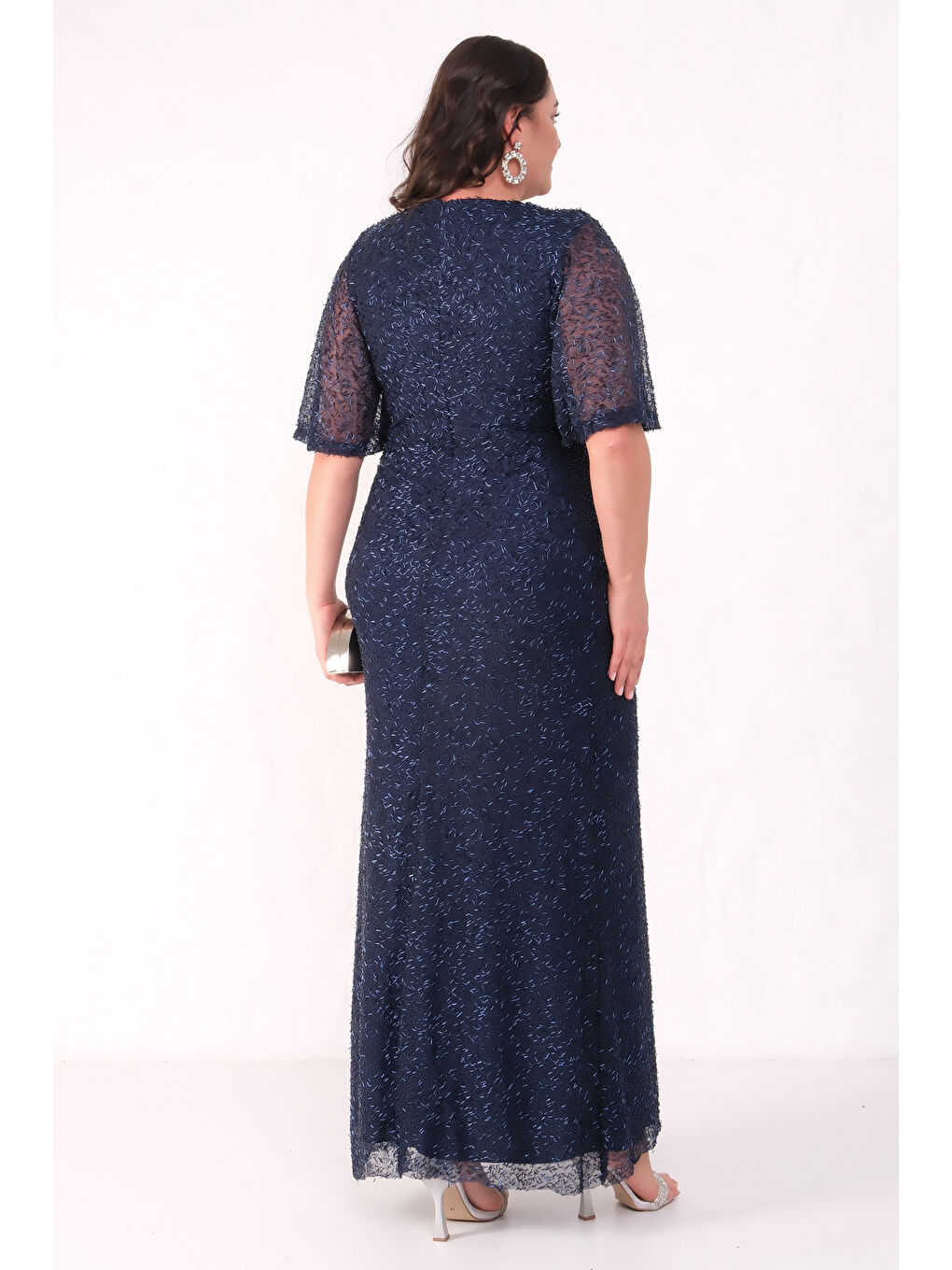 Kadın Lacivert V Yaka Kısa Kol Boncuk İşlemeli Büyük Beden Abiye Elbise-5