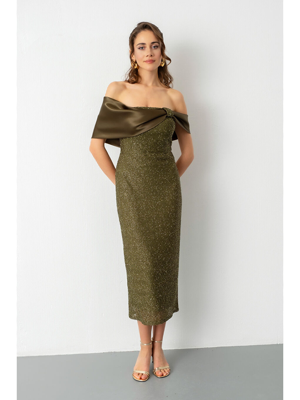 Kadın Haki Yaka Detay Boncuklu Midi Söz Nişan Abiye Elbise-1