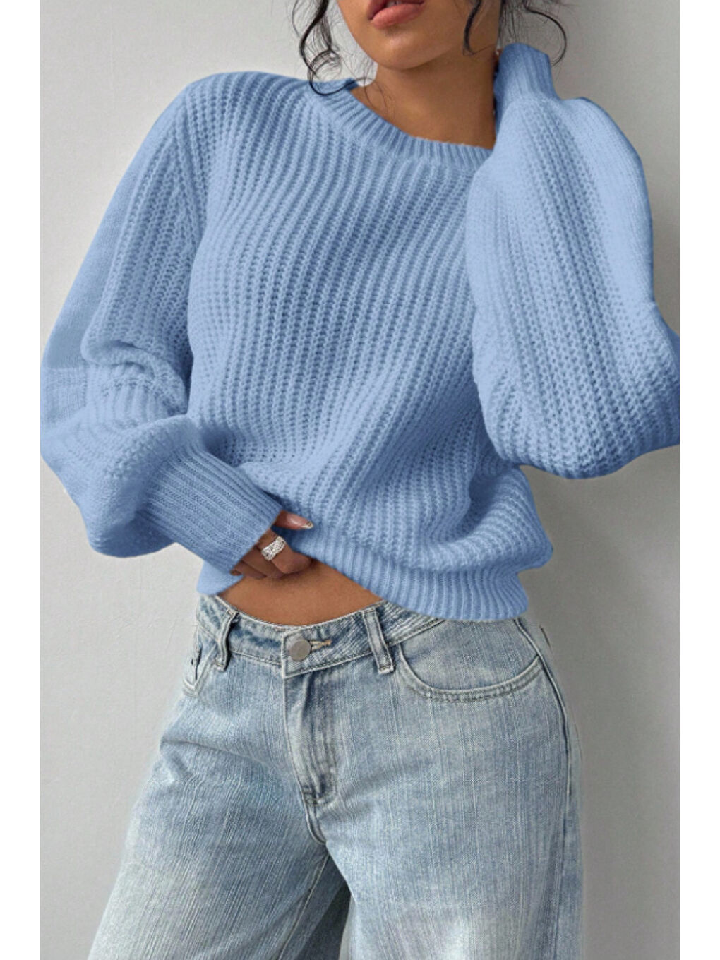 Kadın Mavi Oversize Bisiklet Yaka Balon Kol Fitilli Triko Kazak-1