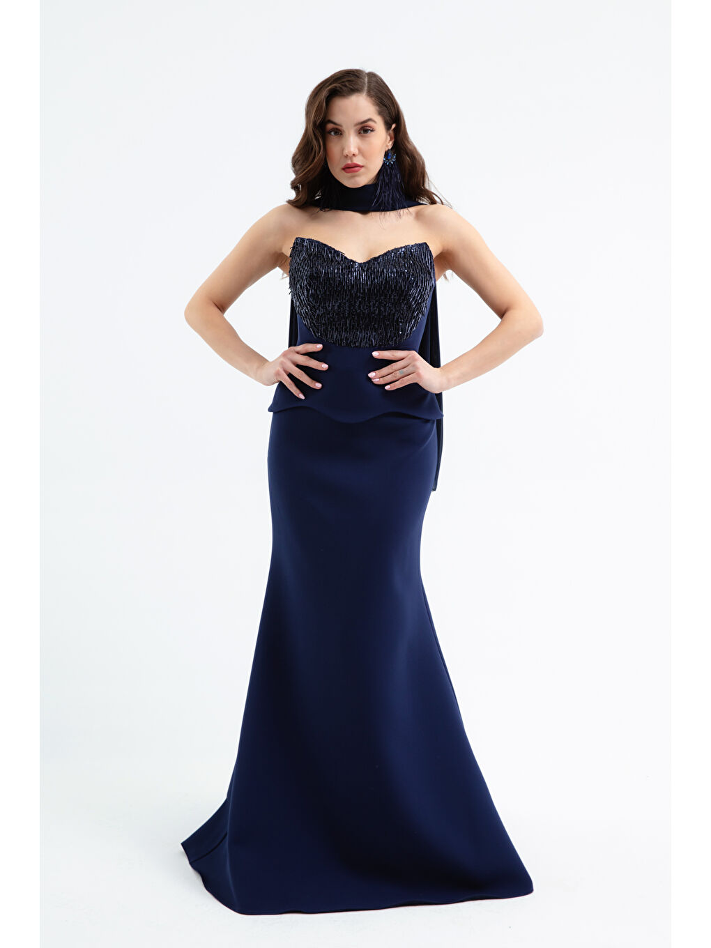 Kadın Lacivert Şal Detaylı Boncuklu Uzun Abiye Elbise-1