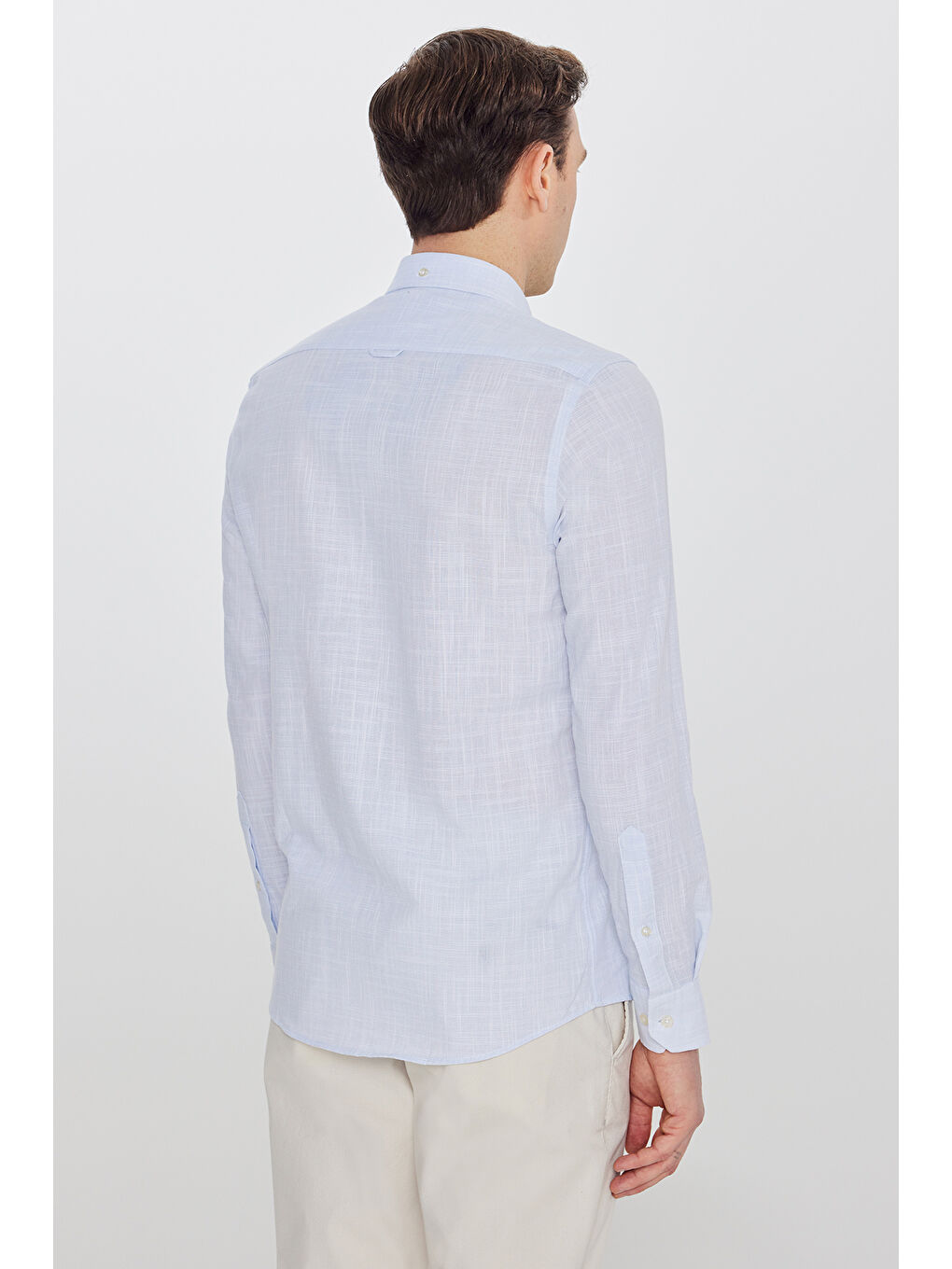 Erkek Mavi Slim Fit Dar Kesim Düğmeli Yaka Armürlü Gömlek-4