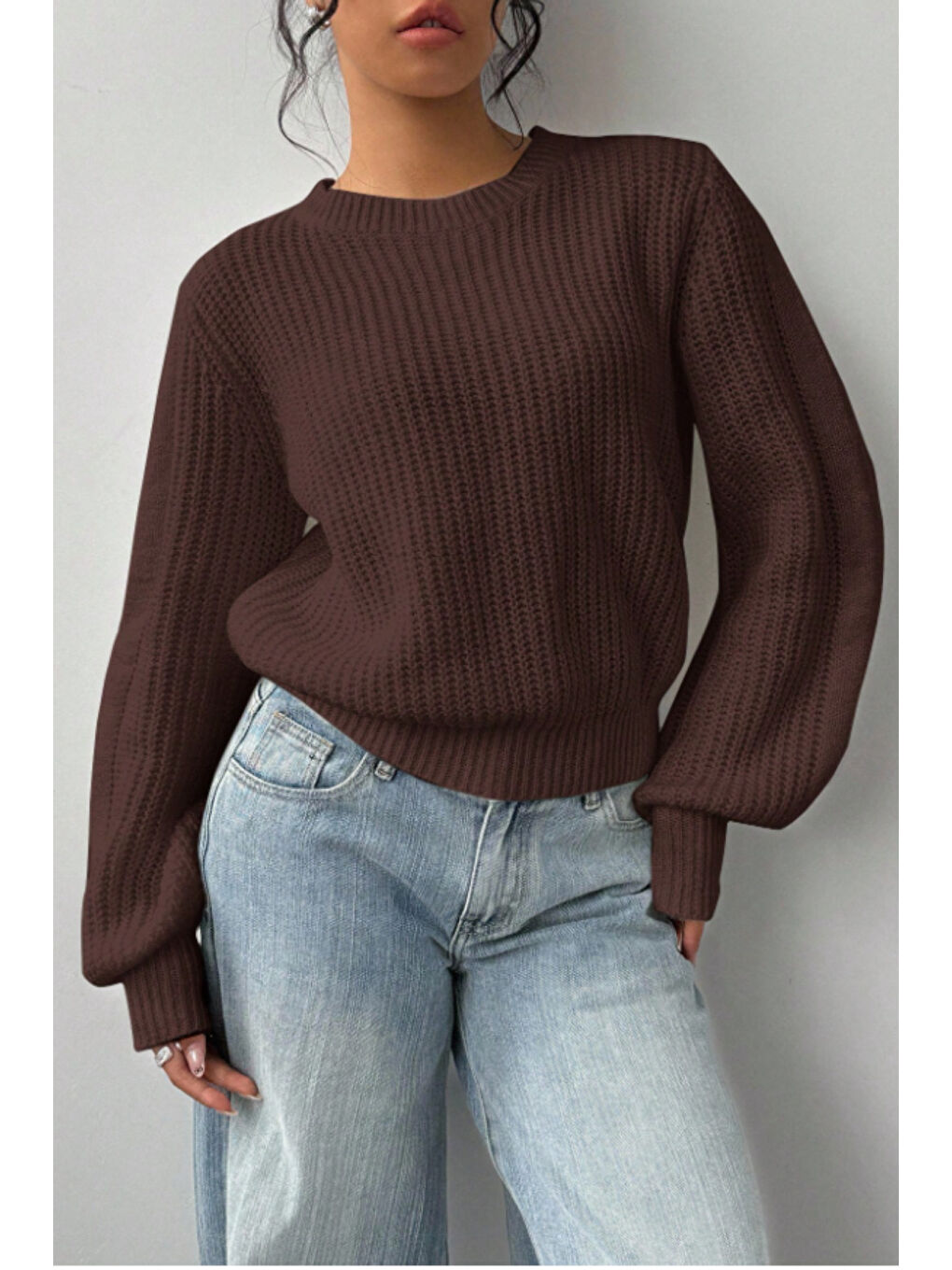 Kadın Kahverengi Oversize Bisiklet Yaka Balon Kol Fitilli Triko Kazak