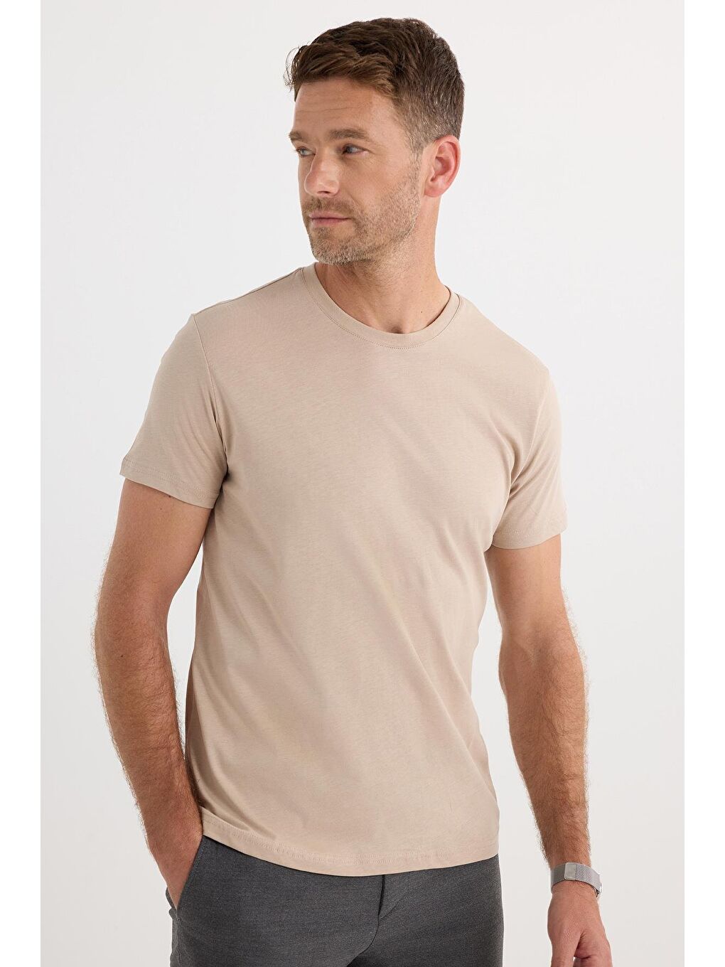 Bej Unisex Slim Fit Dar Kesim %100 Pamuk Yumuşak Dokulu Taş Bisiklet Yaka Tişört-4