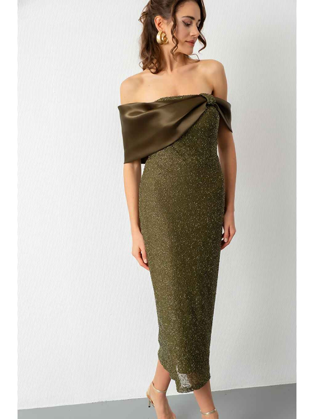 Kadın Haki Yaka Detay Boncuklu Midi Söz Nişan Abiye Elbise-2